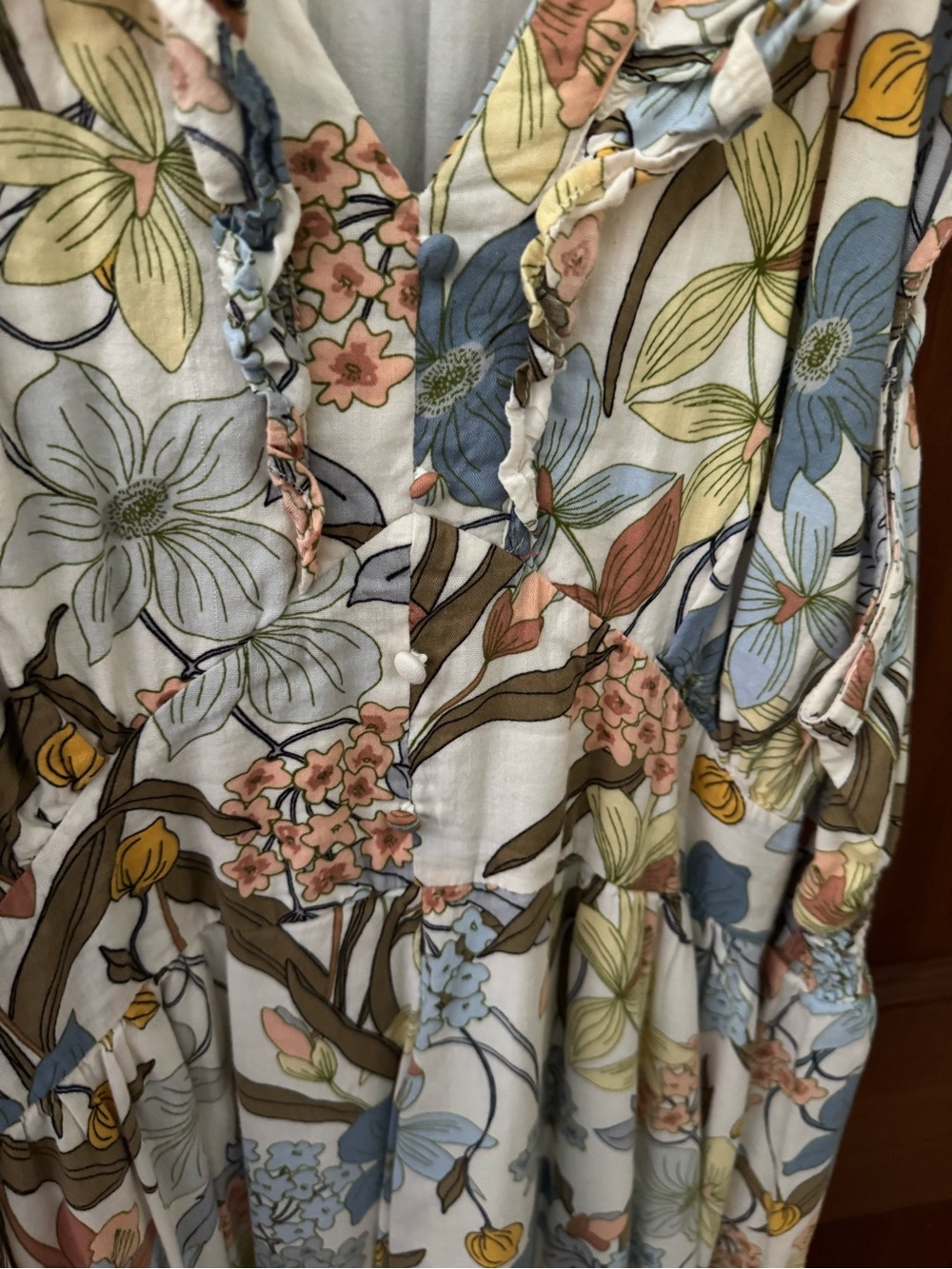 Lauren Conrad: Floral Ruffle V-Neck Women’s Maxi Dress - Blue/Green/Tan - Picture 5 of 5